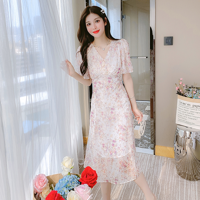 Romantic France style chiffon floral refreshing dress