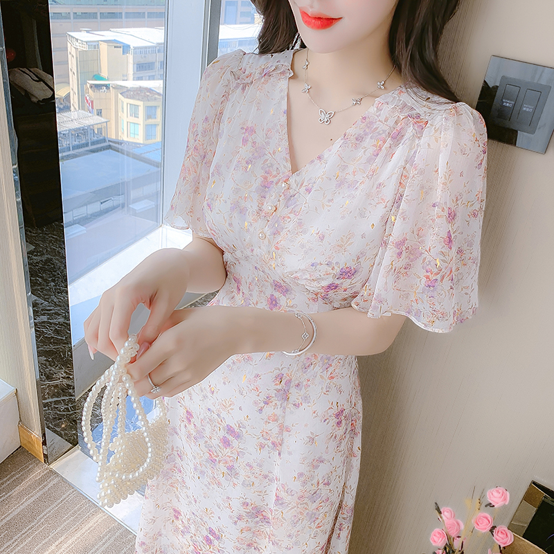 Romantic France style chiffon floral refreshing dress