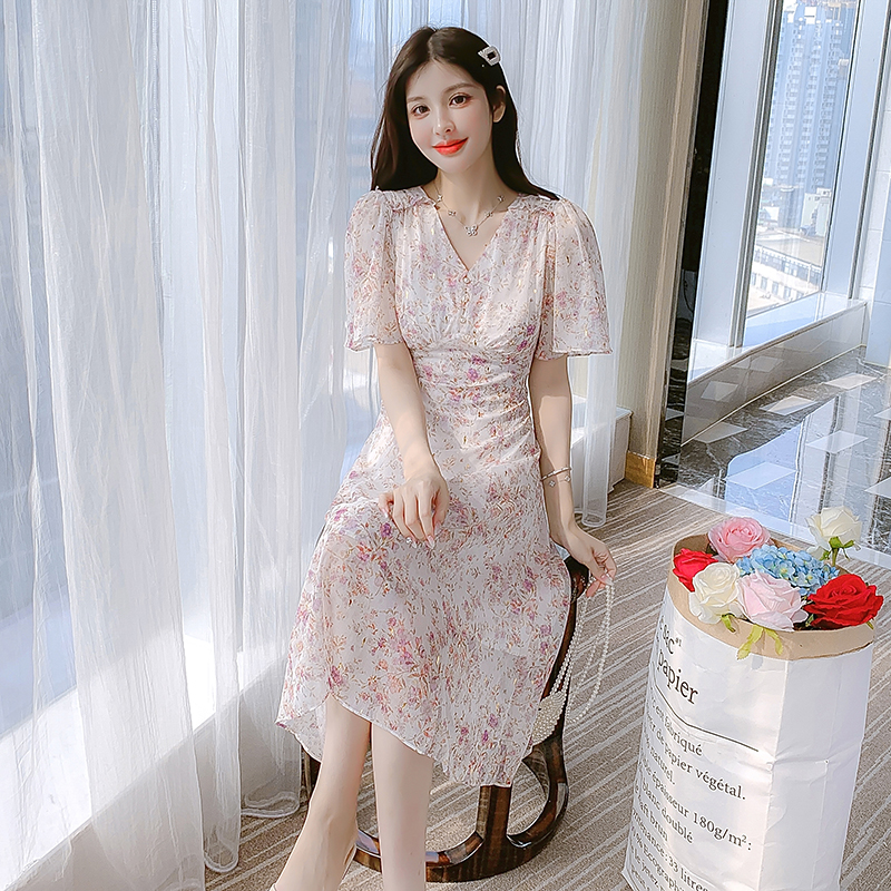 Romantic France style chiffon floral refreshing dress