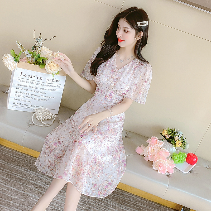 Romantic France style chiffon floral refreshing dress