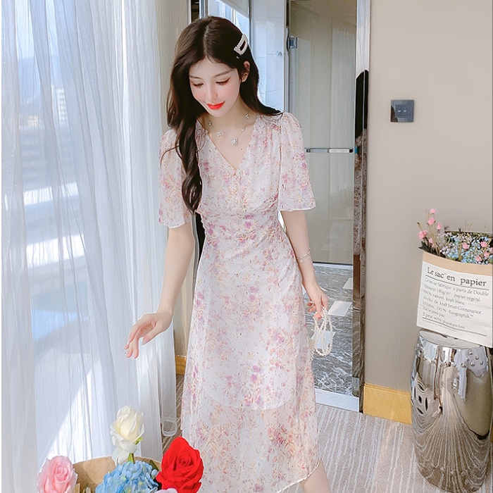 Romantic France style chiffon floral refreshing dress