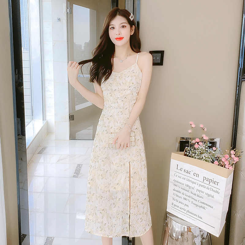 Summer embroidery tender dress sling split light long dress