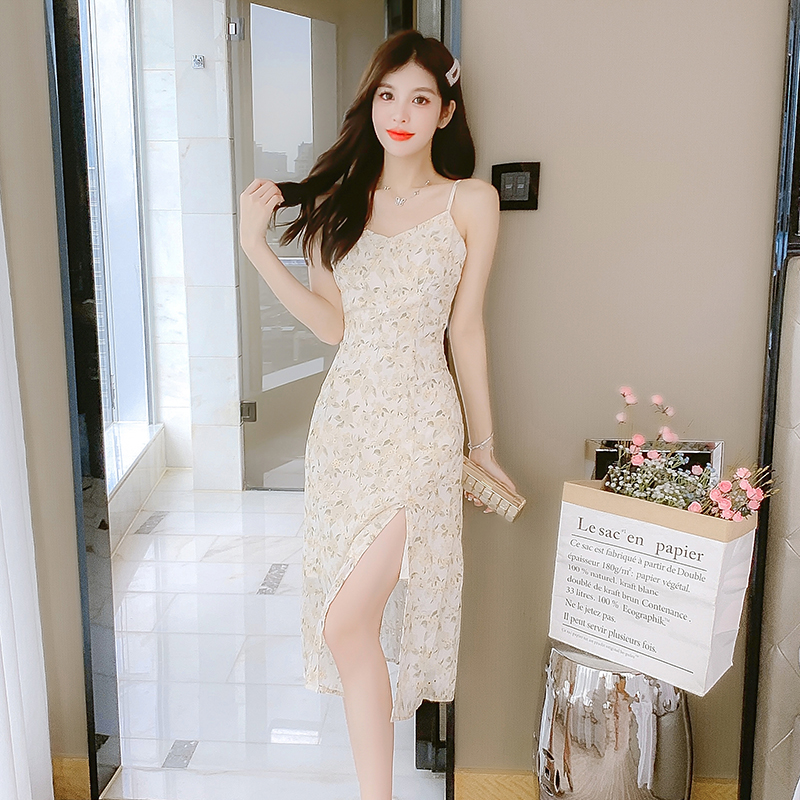 Summer embroidery tender dress sling split light long dress