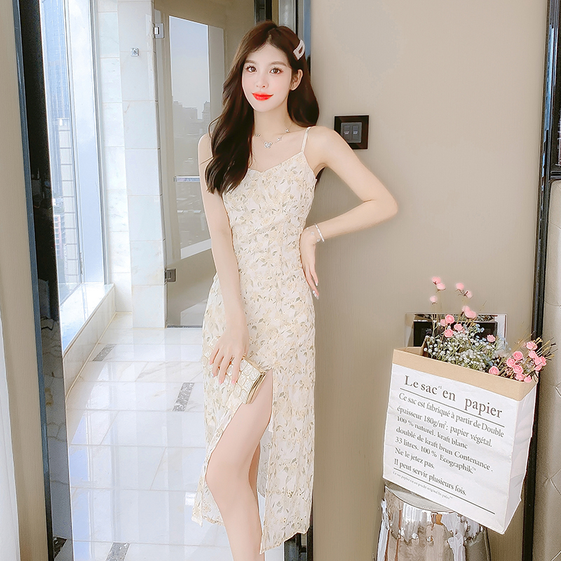 Summer embroidery tender dress sling split light long dress