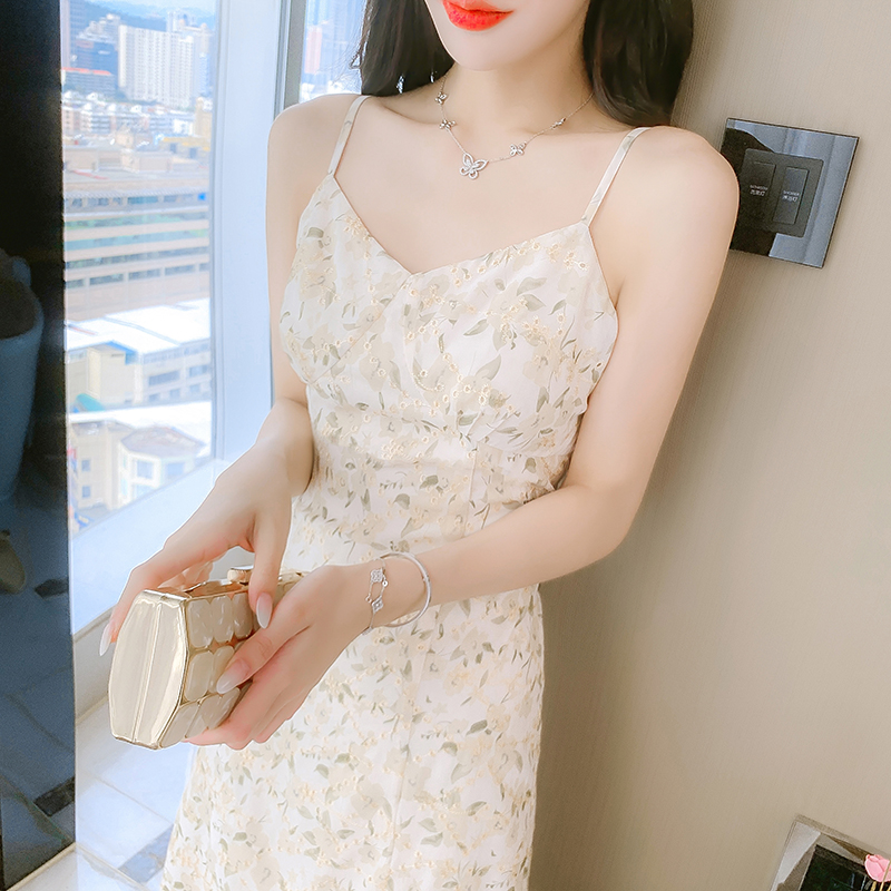 Summer embroidery tender dress sling split light long dress