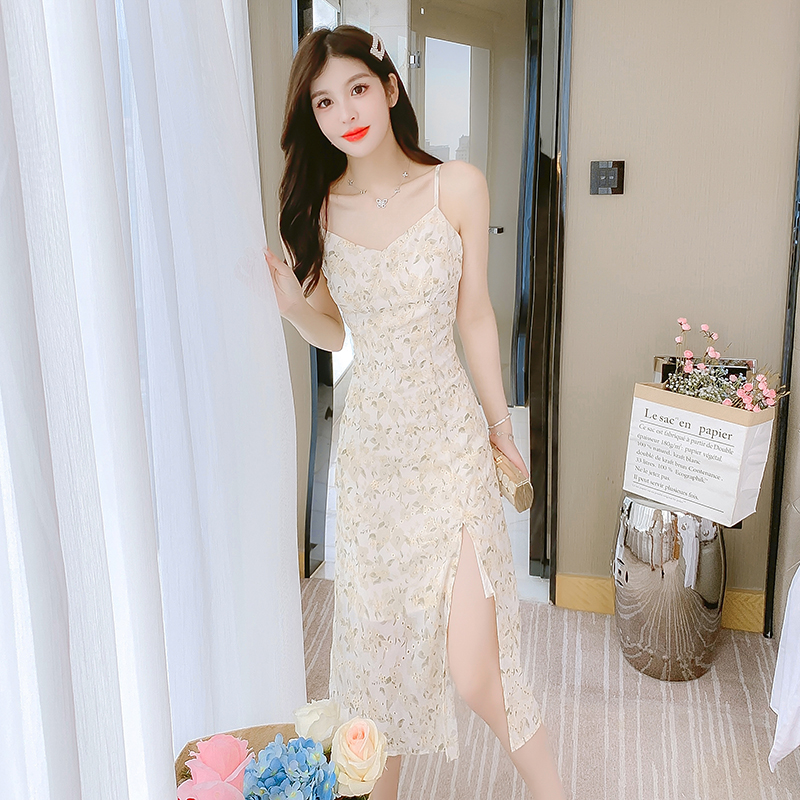 Summer embroidery tender dress sling split light long dress