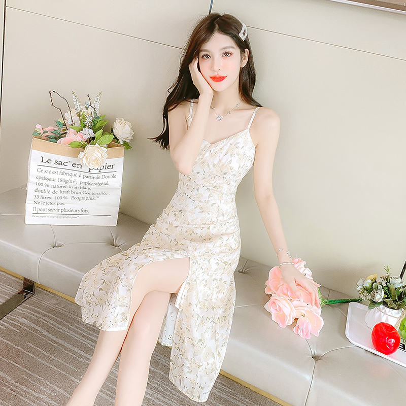 Summer embroidery tender dress sling split light long dress