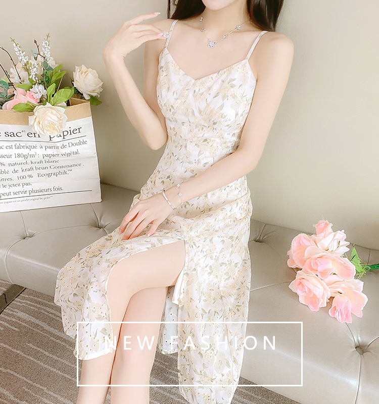 Summer embroidery tender dress sling split light long dress