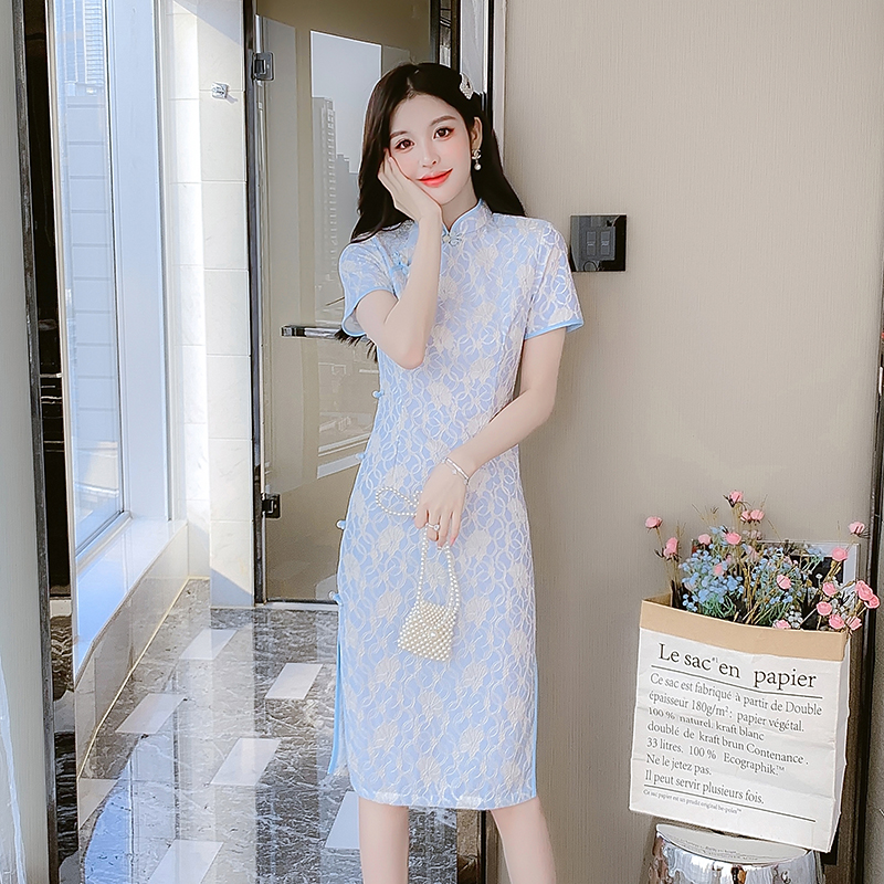 Light summer slim dress retro long lace cheongsam for women