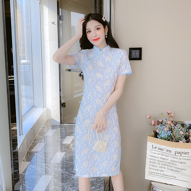 Light summer slim dress retro long lace cheongsam for women