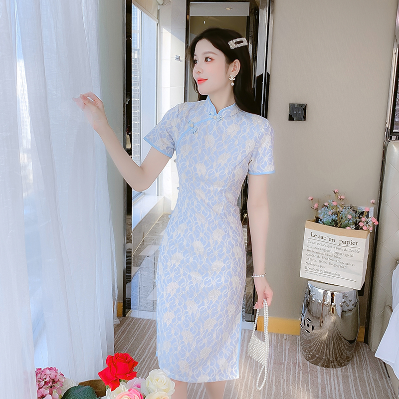 Light summer slim dress retro long lace cheongsam for women