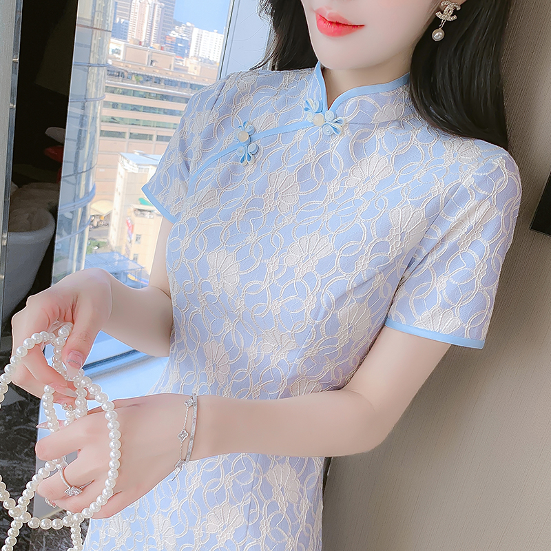 Light summer slim dress retro long lace cheongsam for women