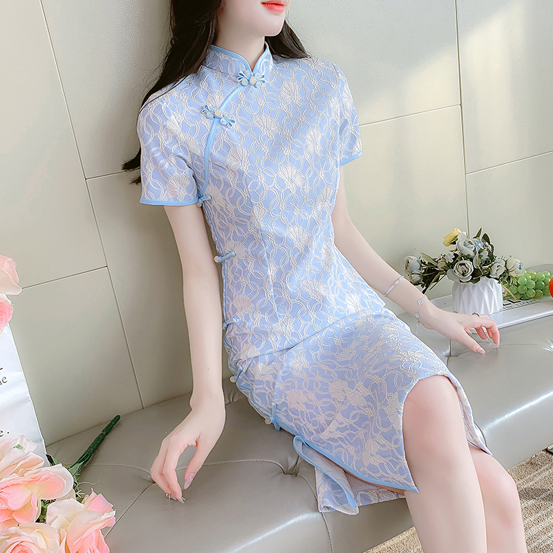 Light summer slim dress retro long lace cheongsam for women