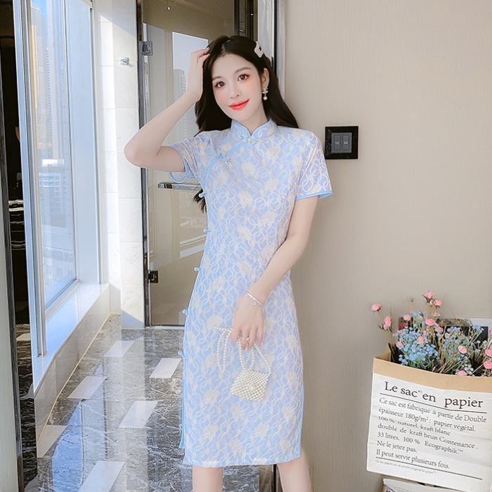Light summer slim dress retro long lace cheongsam for women