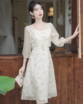 Chinese style sling summer floral dress 2pcs set for women