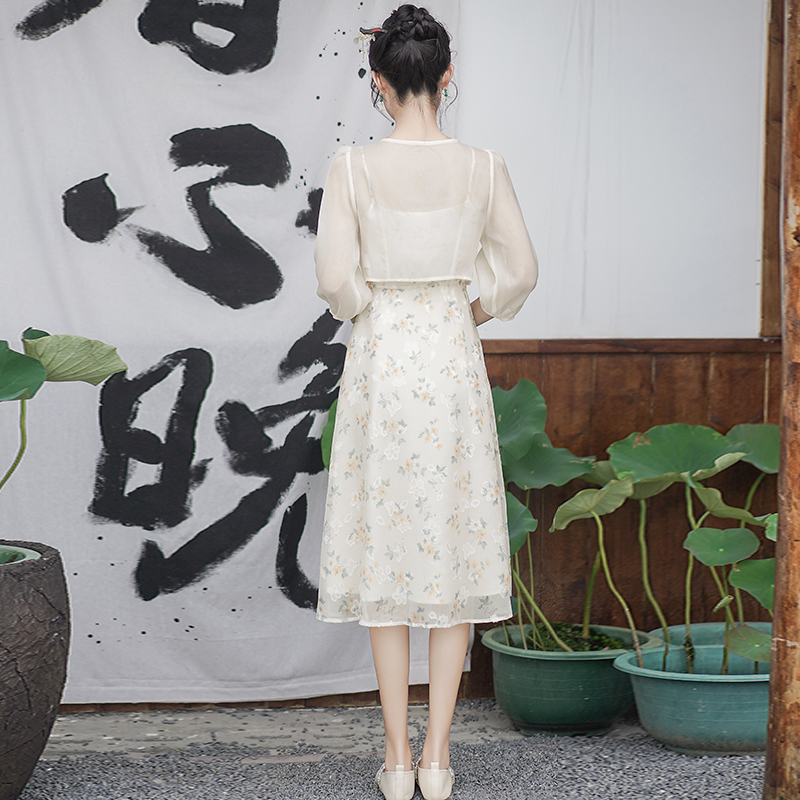 Chinese style sling summer floral dress 2pcs set for women