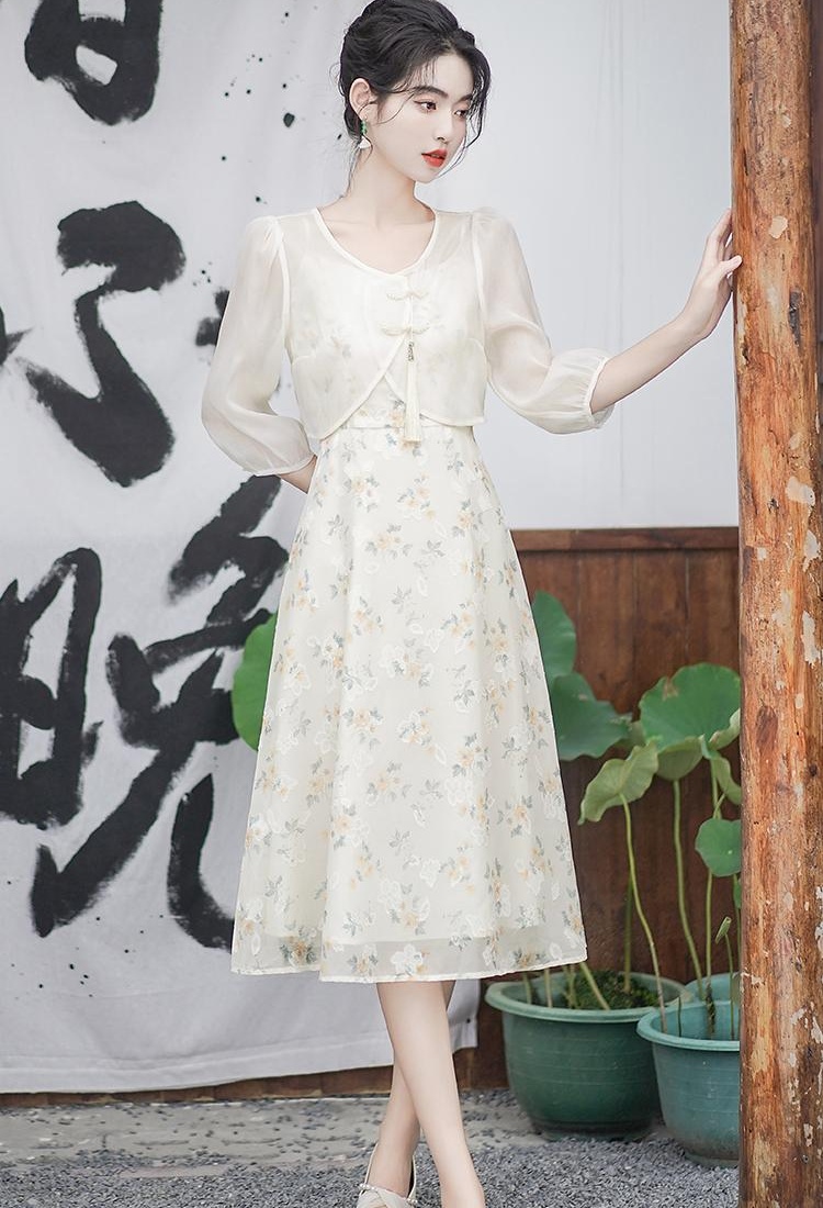 Chinese style sling summer floral dress 2pcs set for women