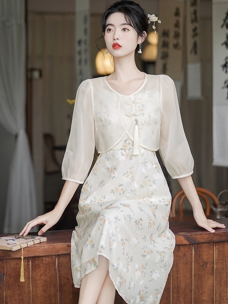 Chinese style sling summer floral dress 2pcs set for women