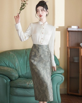 High waist Chinese style shirt slim skirt a set for women