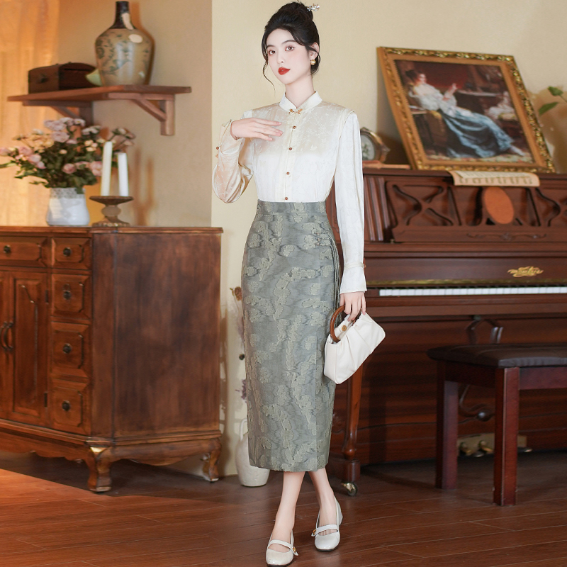 High waist Chinese style shirt slim skirt a set for women