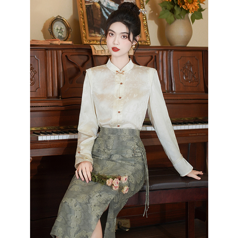 High waist Chinese style shirt slim skirt a set for women
