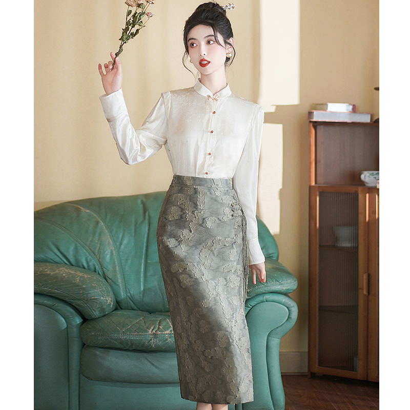 High waist Chinese style shirt slim skirt a set for women