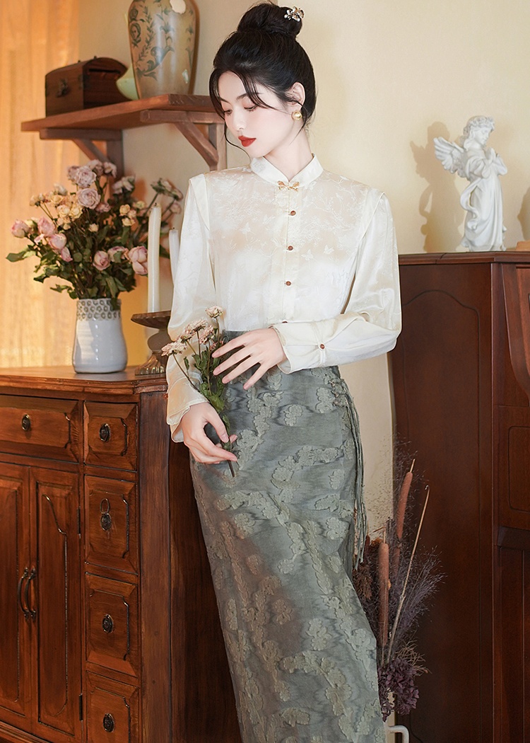 High waist Chinese style shirt slim skirt a set for women