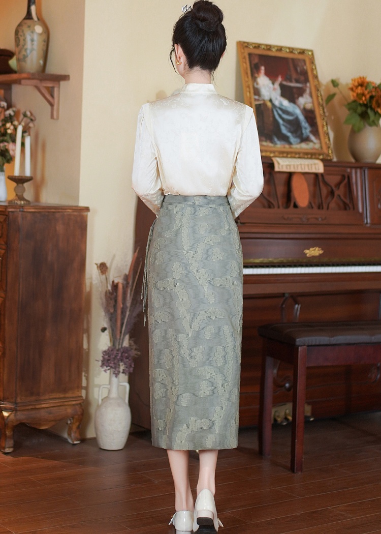 High waist Chinese style shirt slim skirt a set for women