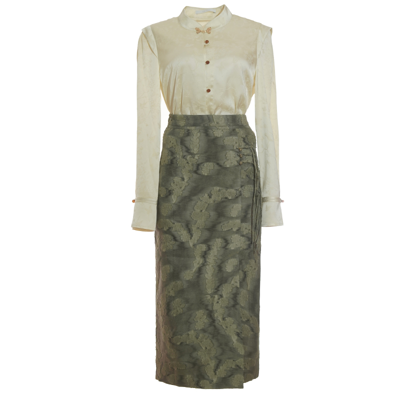 High waist Chinese style shirt slim skirt a set for women