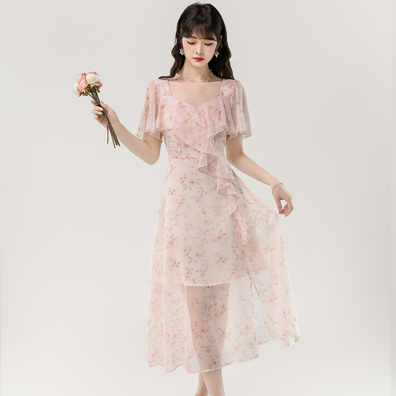 Light romantic chiffon floral long lady summer dress