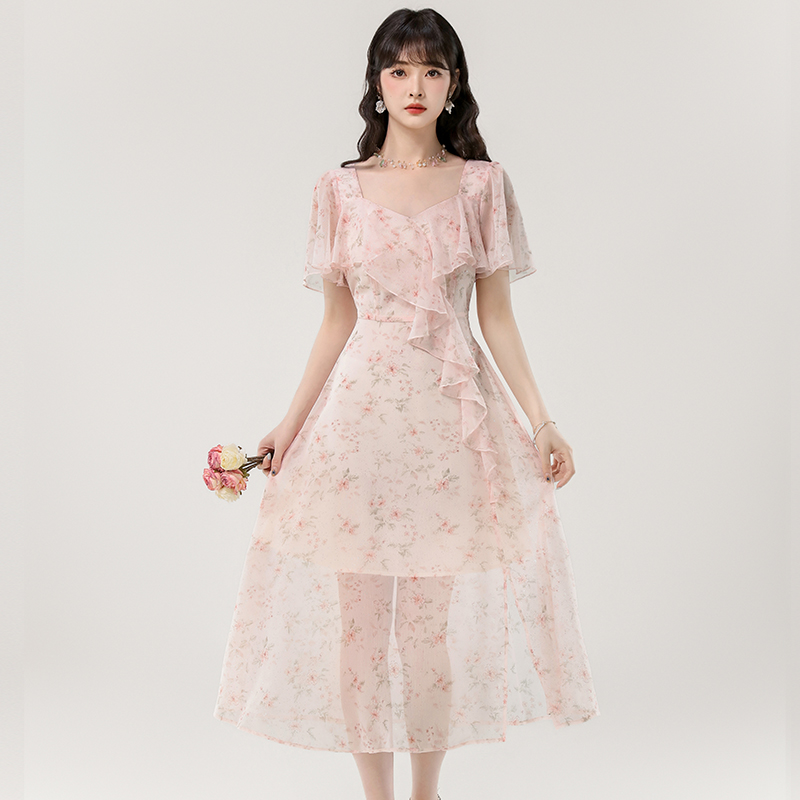 Light romantic chiffon floral long lady summer dress