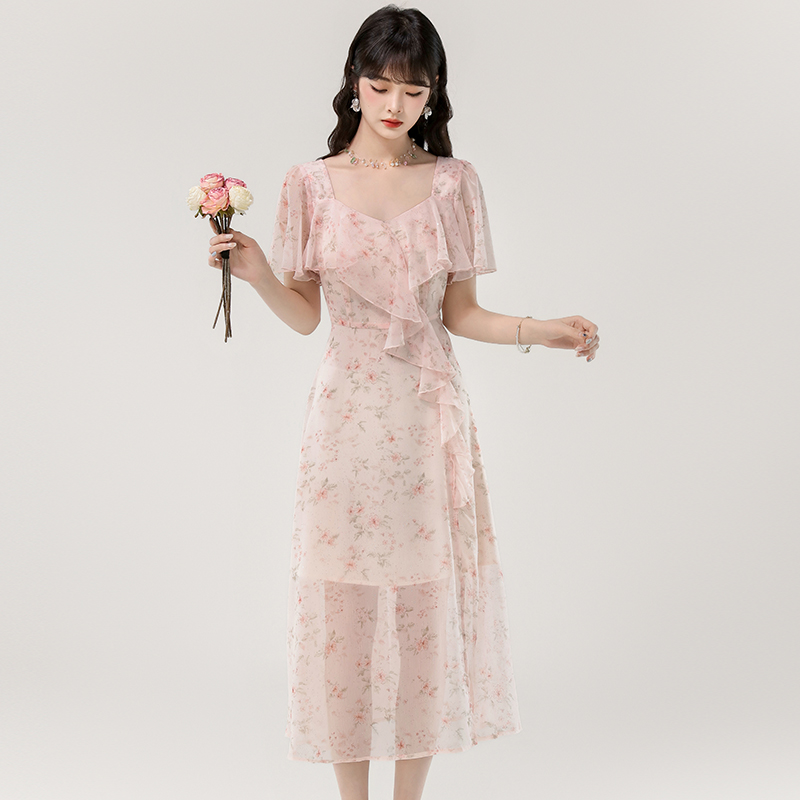 Light romantic chiffon floral long lady summer dress