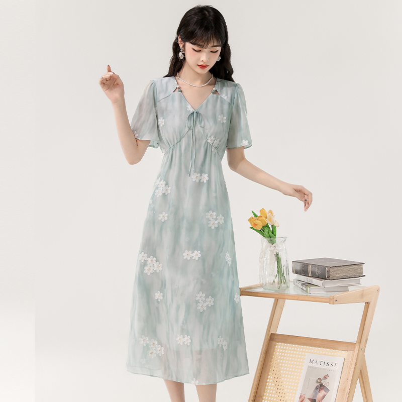 Romantic vacation summer dress fashion V-neck beads long dress