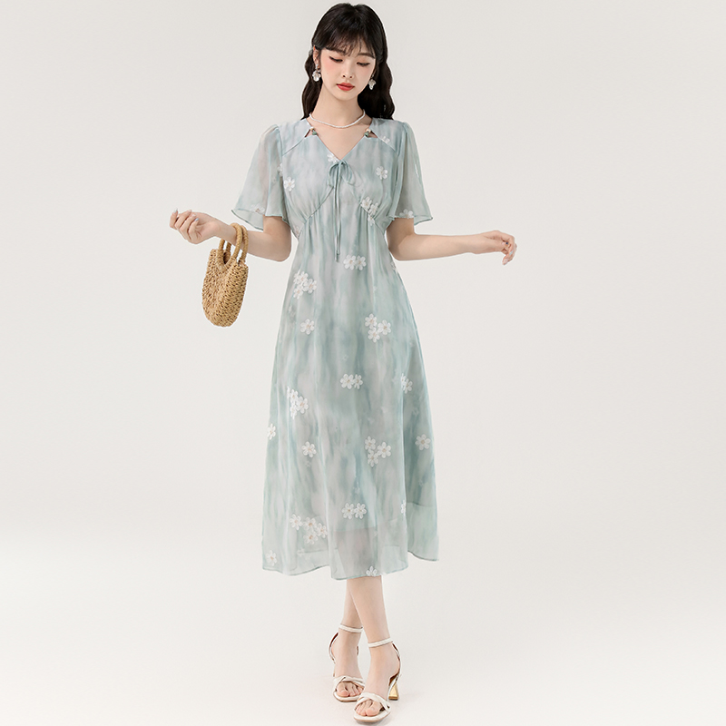 Romantic vacation summer dress fashion V-neck beads long dress