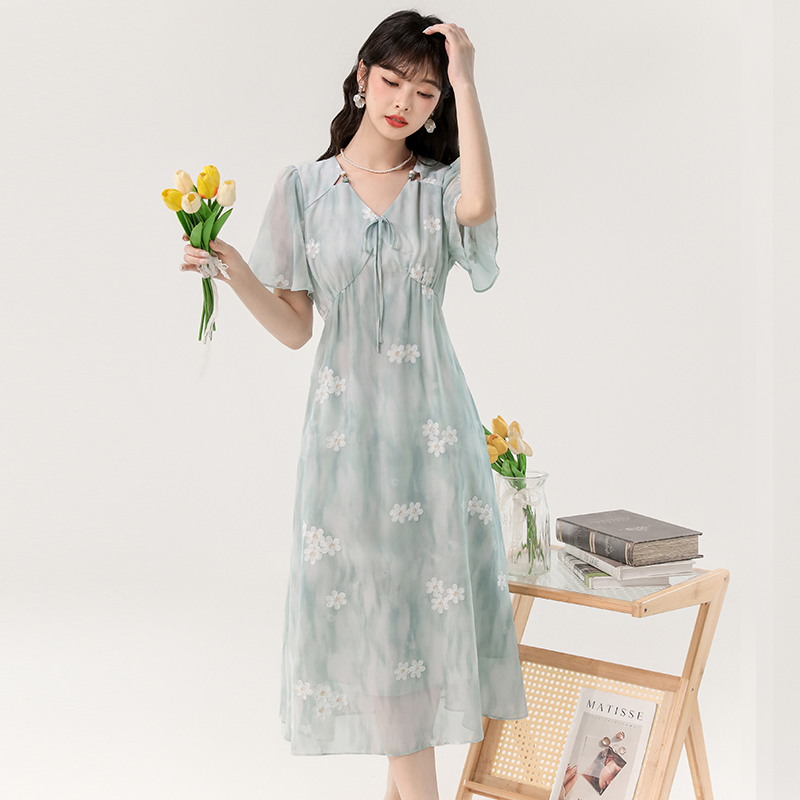 Romantic vacation summer dress fashion V-neck beads long dress