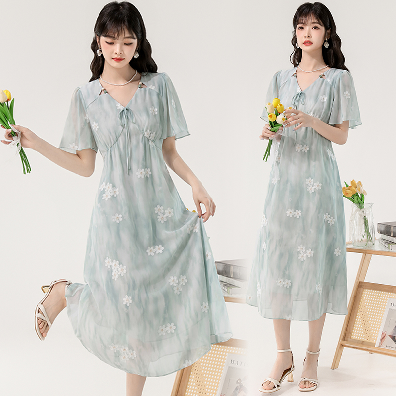 Romantic vacation summer dress fashion V-neck beads long dress