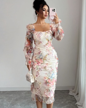 Elegant spring and summer mesh flowers dress for women