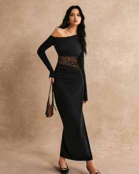 Long sleeve pure long sloping shoulder dress for women