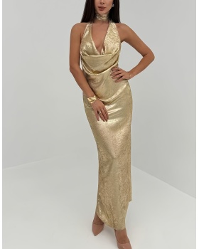 Sexy fashion gold long party V-neck halter dress for women