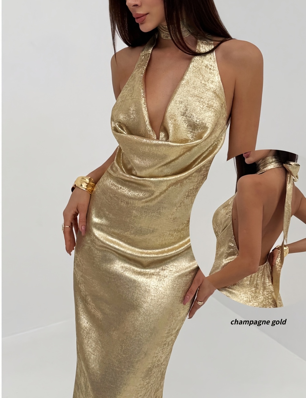 Sexy fashion gold long party V-neck halter dress for women