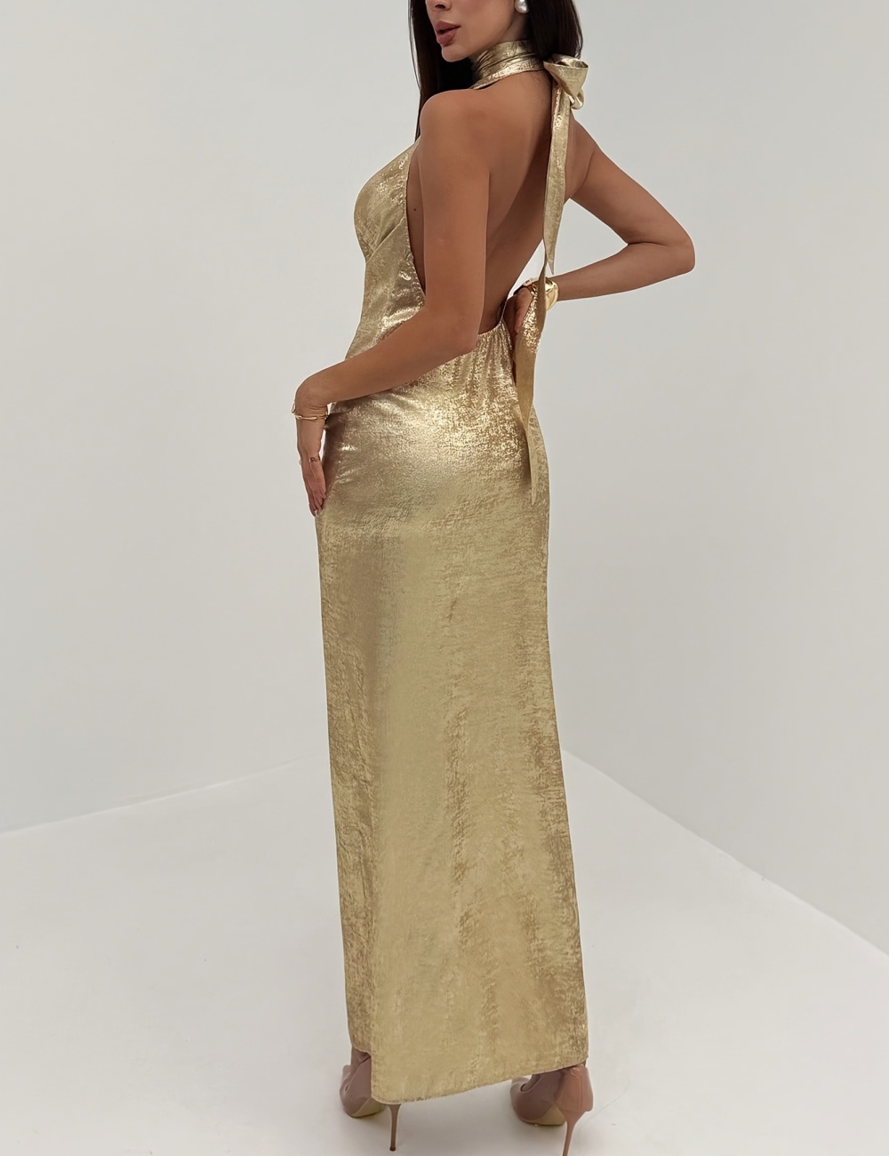 Sexy fashion gold long party V-neck halter dress for women