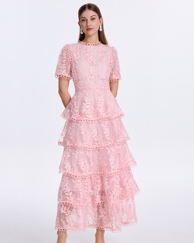 Temperament cake splice pinched waist lace embroidered dress