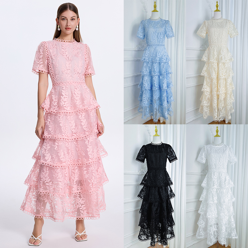 Temperament cake splice pinched waist lace embroidered dress