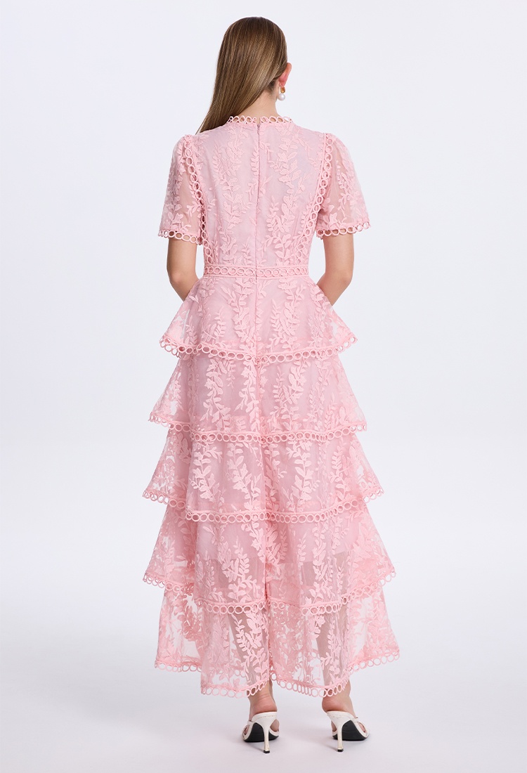 Temperament cake splice pinched waist lace embroidered dress