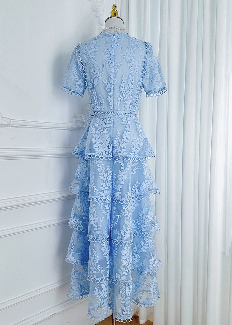 Temperament cake splice pinched waist lace embroidered dress