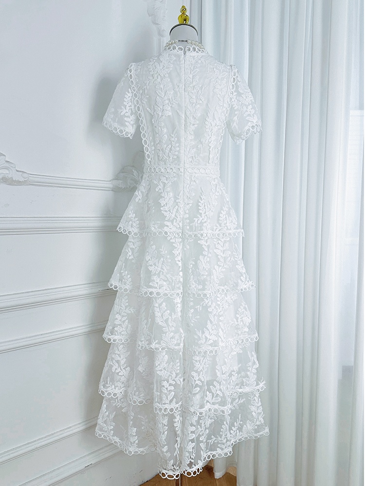 Temperament cake splice pinched waist lace embroidered dress