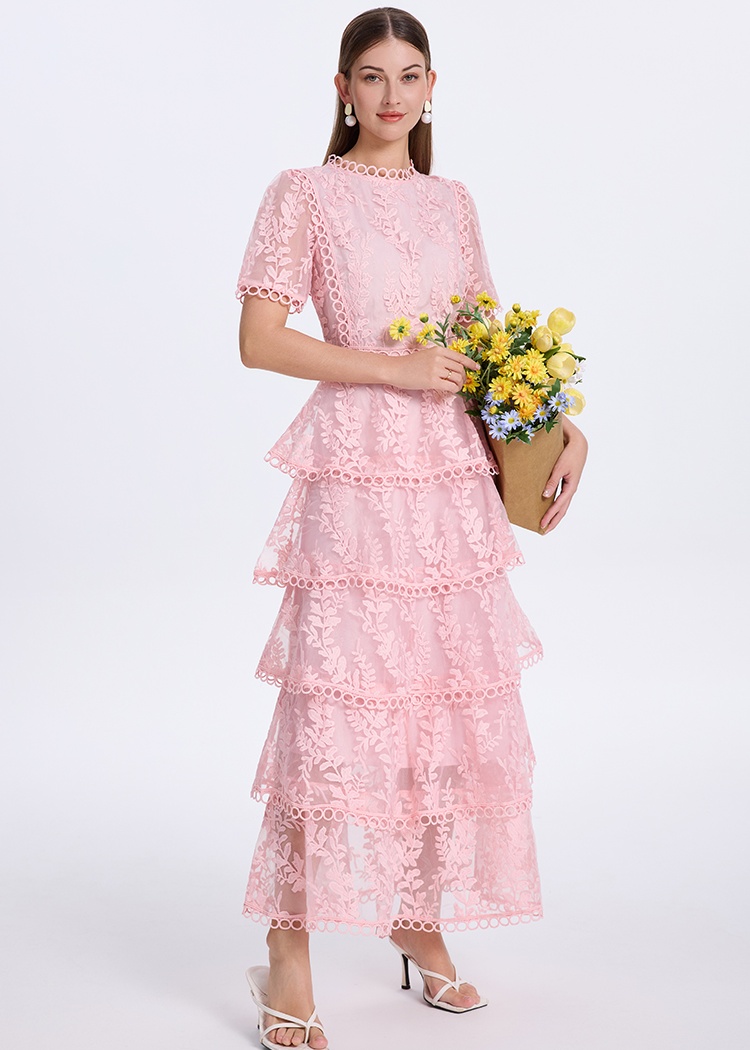 Temperament cake splice pinched waist lace embroidered dress