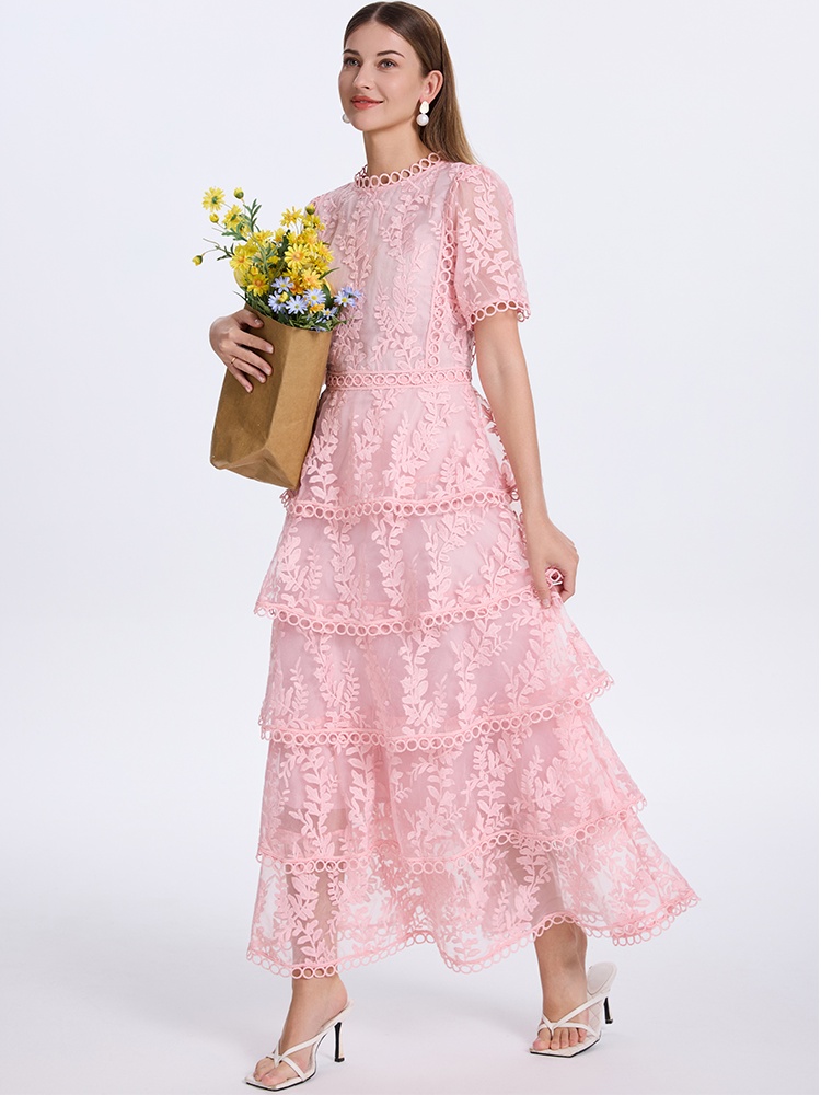 Temperament cake splice pinched waist lace embroidered dress