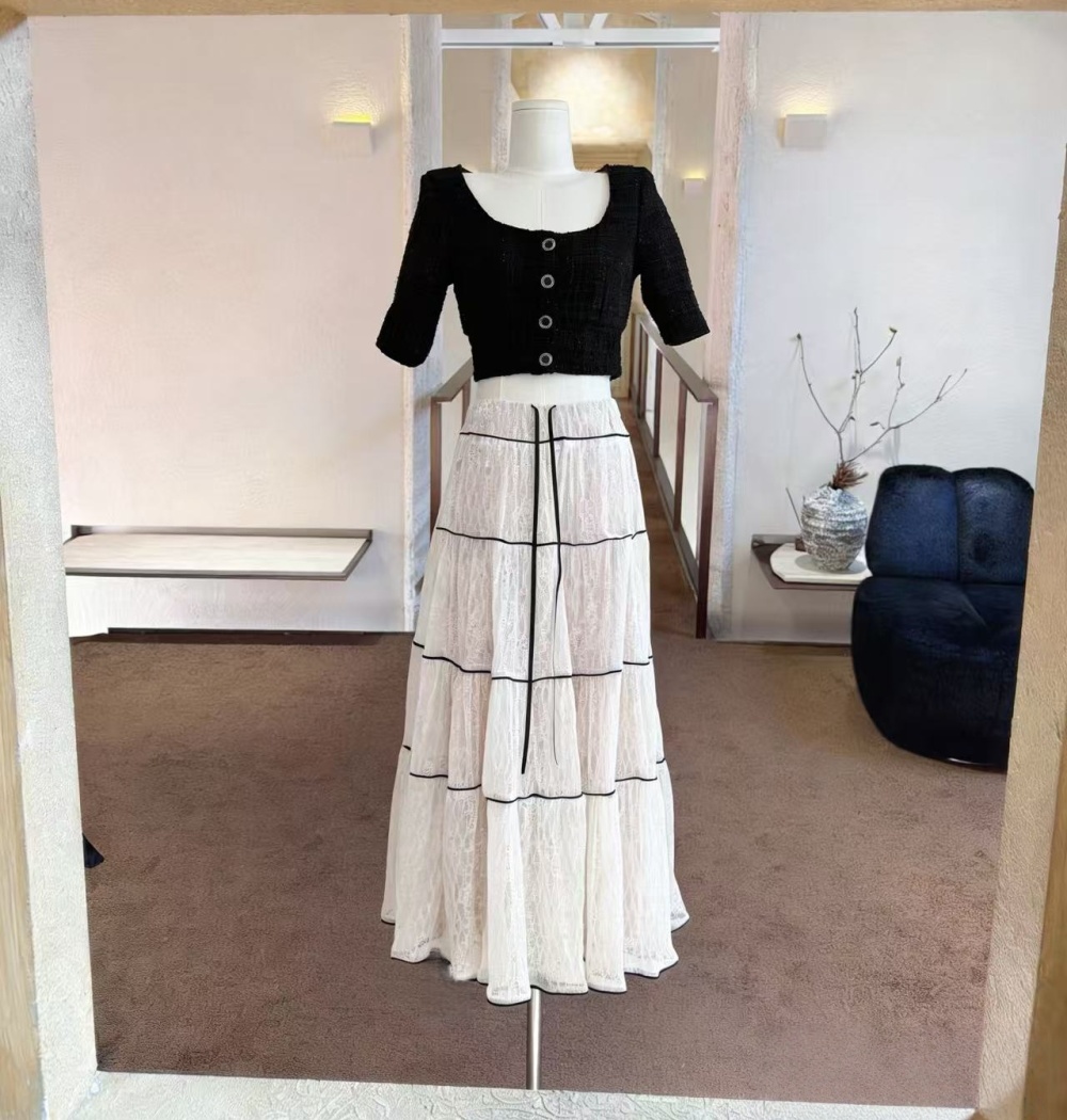 Short sleeve long skirt lace coat 2pcs set for women