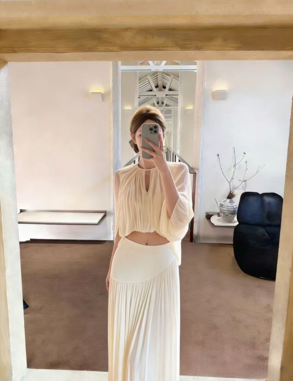 Spring and summer tops pleated skirt 2pcs set